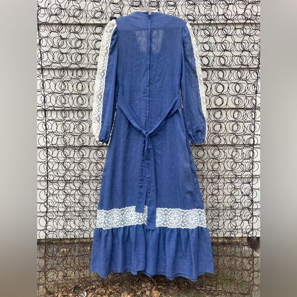 Vintage 70s Blue Crepe Lace Boho Cottagecore Prairie Maxi Dress PBJ by Jerrel 5 - Picture 4 of 6